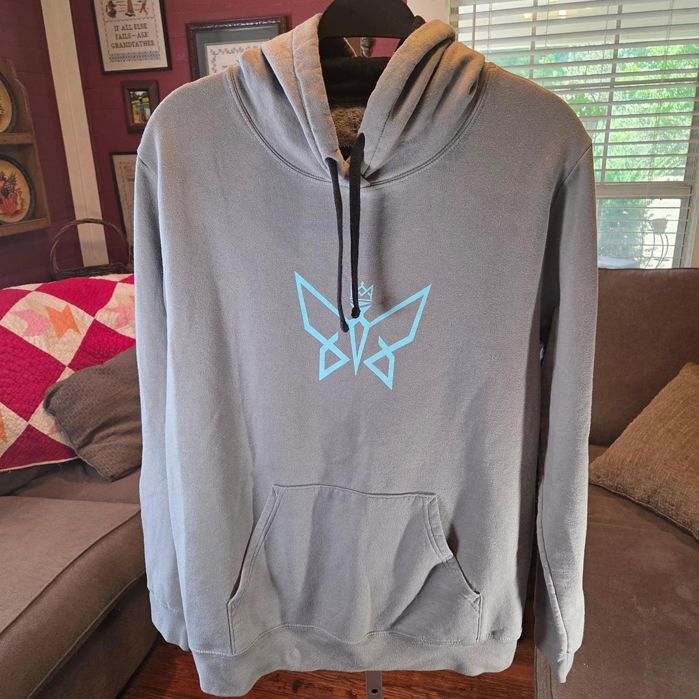 Kingdom hoodie with blue butterfly graphic, size L